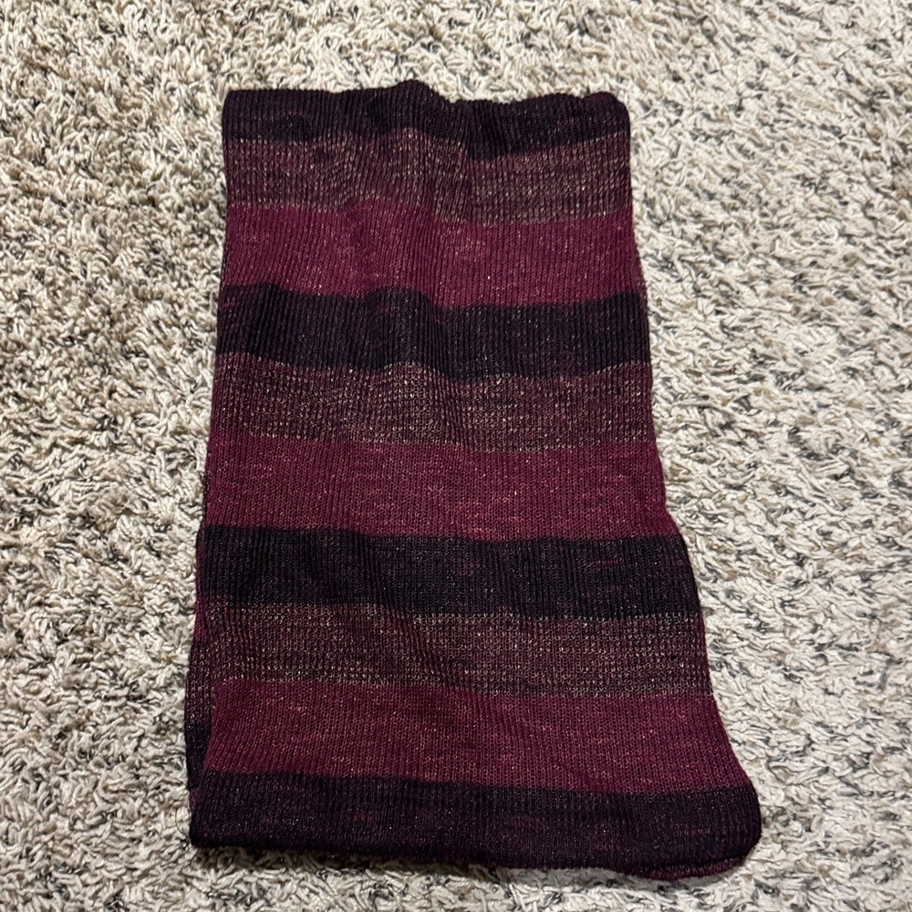 Striped Knit Scarf in Burgundy and Black with gold accents.